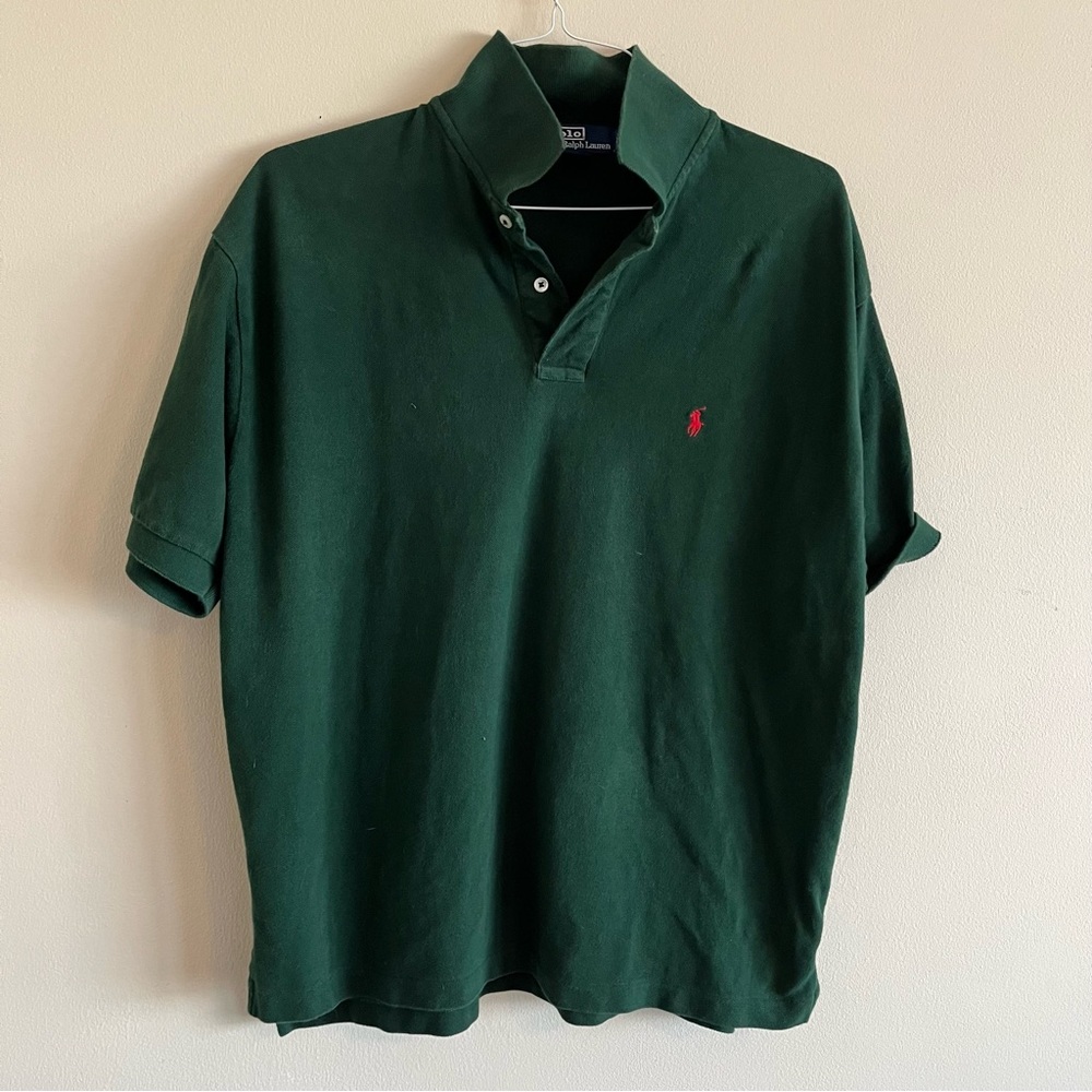 VTG Ralph Lauren Mens XL Polo Short Sleeve Shirt Dark Green Collared Red Emblem